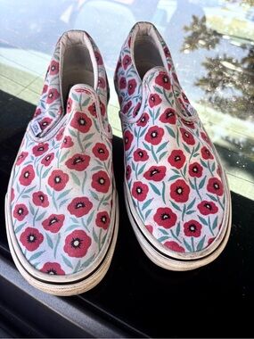 Vans Slip-On Canvas Sneakers with Red Floral Print